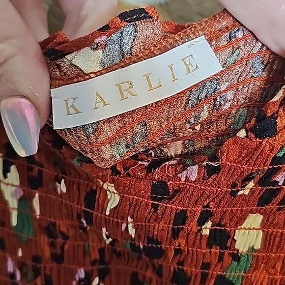 Karlie Medium Abstract‎ Leopard Cami Dress Rust Smocked ruffle hem - Picture 5 of 8